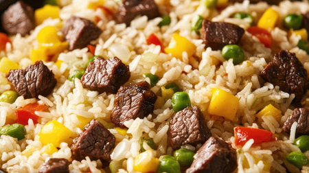 Elevated close-up of fried rice with glistening beef slices, fluffy rice, and colorful vegetablesの素材
