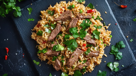 Colorful fried rice with tender beef slices, garnished with cilantro and chili, served on a slate boardの素材
