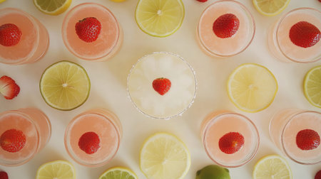 Elegant summer mocktail spread with lemon, lime, and strawberry drinks arranged in symmetryの素材