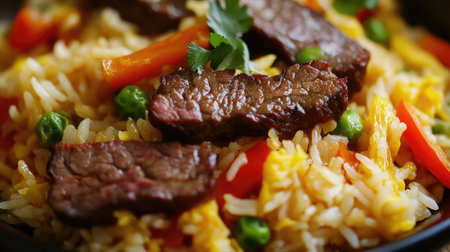 Elevated close-up of fried rice with glistening beef slices, fluffy rice, and colorful vegetablesの素材