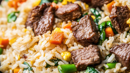 Focused macro of beef fried rice textures, showing seasoned grains and caramelized beefの素材