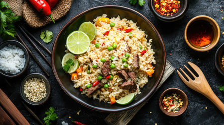 Flat lay of a meal setup featuring beef fried rice with sliced limes, chili oil, and soy sauceの素材