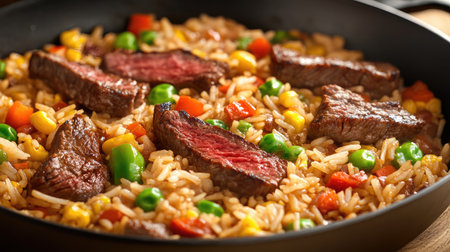 Freshly made beef fried rice with juicy steak strips, vibrant veggies, and a soy-based glazeの素材