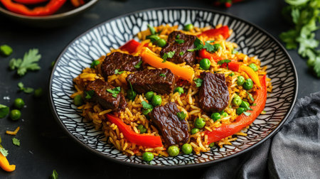Freshly prepared beef fried rice on a patterned plate with vibrant colors from peppers, peas, and scallionsの素材