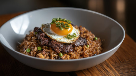 Fluffy beef fried rice topped with scallions and a fried egg yolk in the center for added richnessの素材