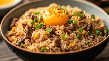 Fluffy beef fried rice topped with scallions and a fried egg yolk in the center for added richnessの素材