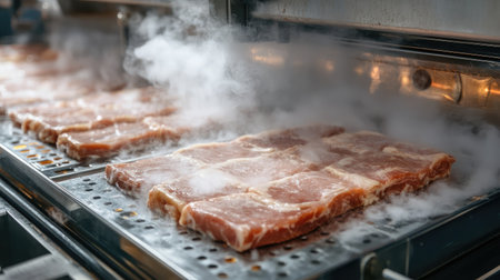 High-speed vacuum packaging line in operation with fresh meat slices and rising steam cloudsの素材