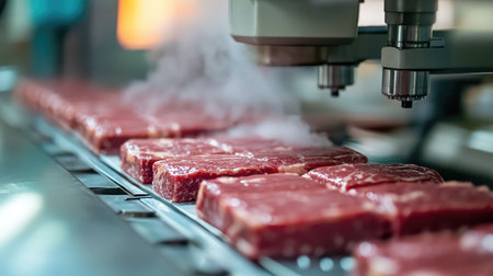 Inline meat packaging station with automated vacuum press and cloudy sealing steamの素材