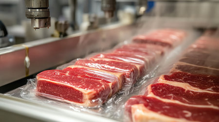 Red meat being vacuum-sealed, plastic layers conforming tightly, steam curling around machine armsの素材