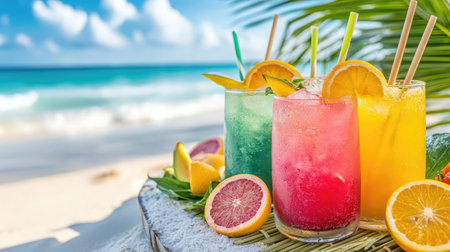 Row of chilled citrus beverages with bamboo straws and sliced fruit on a beach matの素材