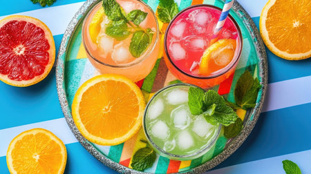 Round tray with mixed summer coolers and citrus garnishes on a striped backgroundの素材