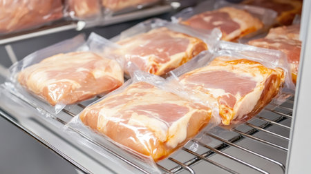 Sealed meat products on cooling rack next to vacuum packer with escaping sealing steamの素材