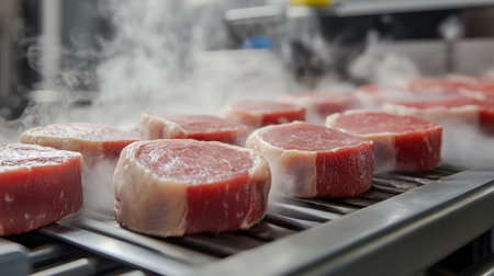 Sliced meat portions on conveyor approaching vacuum packer surrounded by dense sealing steamの素材