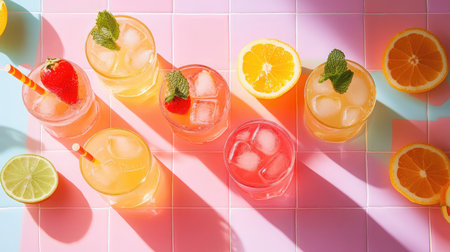 Tiled surface filled with colorful drink glasses, ice, and fresh-cut fruit in a summer paletteの素材