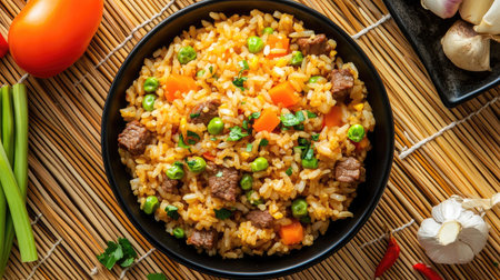 Traditional Asian-style beef fried rice in a bowl surrounded by raw ingredients on a bamboo matの素材