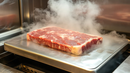 Transparent plastic film shrinking around meat under vacuum with pressurized steam enveloping the sealing areaの素材