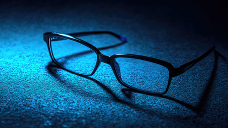 Angular black frame glasses laying open on textured paper surface, side lightingの素材