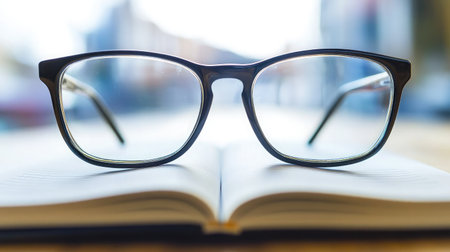 Black glasses near keyboard and notepad, minimal tech desk scene without clutterの素材