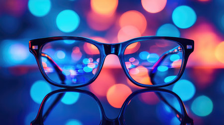 Black frame glasses on a reflective glass table with abstract bokeh backgroundの素材