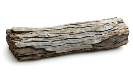 Bark-covered log with splinters and earthy tones isolated on whiteの素材