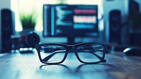 Black rectangular glasses folded on a clean office desk setup with tech accessoriesの素材