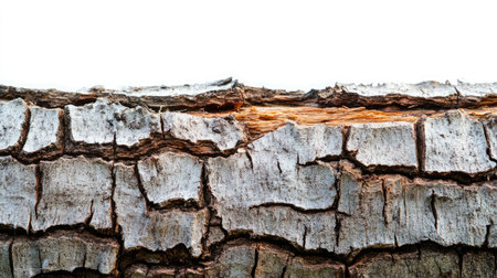 Bark-covered log with splinters and earthy tones isolated on whiteの素材