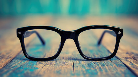 Black square glasses resting on a wooden desk with warm tones and soft focusの素材