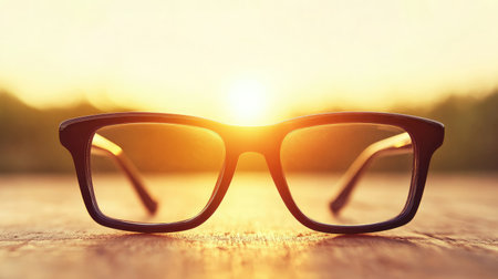 Black square glasses resting on a wooden desk with warm tones and soft focusの素材