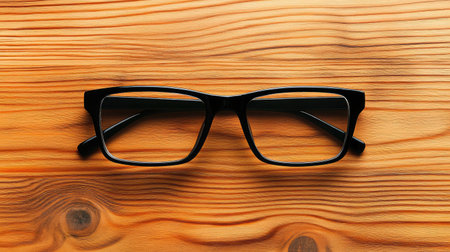 Black rectangular eyeglasses centered on a wooden table, overhead view, bright lightingの素材