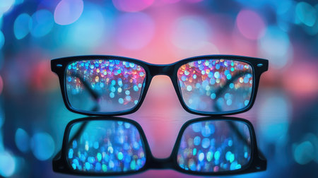 Black frame glasses on a reflective glass table with abstract bokeh backgroundの素材