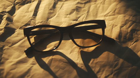 Black glasses casting geometric shadows on a paper sheet in soft studio lightingの素材