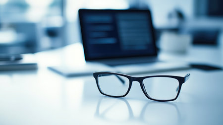 Clean white workspace featuring a pair of black reading glasses and a closed laptopの素材