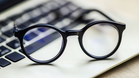 Close-up of black glasses with round lenses placed on a laptop keyboard, minimal tech settingの素材