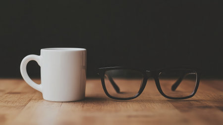 Matte black optical glasses sitting next to a white ceramic cup on a wooden tabletopの素材