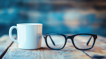 Matte black optical glasses sitting next to a white ceramic cup on a wooden tabletopの素材