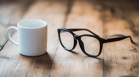 Matte black optical glasses sitting next to a white ceramic cup on a wooden tabletopの素材