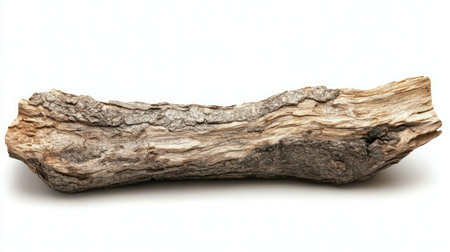 Realistic timber log with coarse bark and natural shape positioned on white backgroundの素材