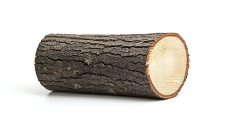 Rough-cut wooden log lying on white with wood grain and bark chips visibleの素材