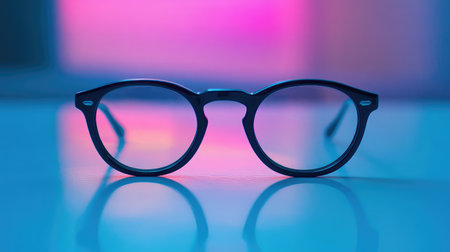 Side angle shot of black glasses on a clean desktop with bright ambient lightingの素材