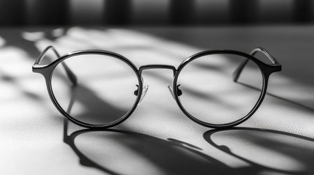 Thick black-rimmed glasses placed on a modern gray surface with a subtle shadowの素材