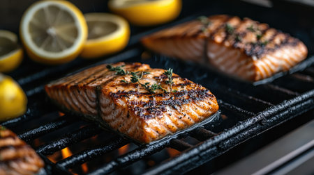 Close-up of grilled salmon fillets on a charcoal grill with visible sear marks, surrounded by lemon slices and herbsの素材