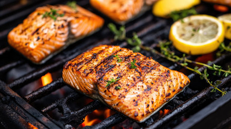 Close-up of grilled salmon fillets on a charcoal grill with visible sear marks, surrounded by lemon slices and herbsの素材
