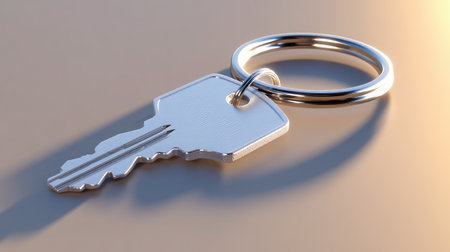 Elegant chrome minimalist keychain casting a soft shadow on a smooth pastel surfaceの素材