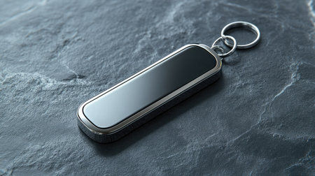 Flat minimalist keychain shaped like a rectangle with rounded edges on a slate backgroundの素材
