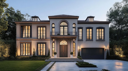 Evening shot of grand residence with ambient exterior lights, calm pool, and garage in the backgroundの素材