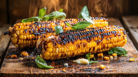 Grilled corn on the cob with charred kernels and melted butter on a wooden backgroundの素材