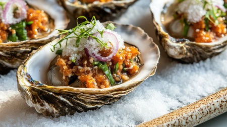 Grilled oyster shells with toppings placed on a bed of coarse saltの素材