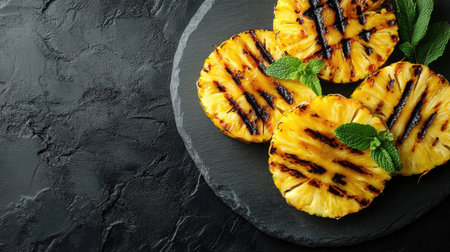 Grilled pineapple slices with visible grill lines placed on a stone platter with mint garnishの素材
