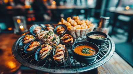 Grilled clams and mussels on a metal tray with charred shells and dipping sauceの素材