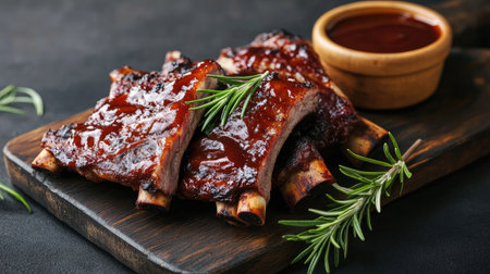 Grilled ribs on a dark wood board with barbecue sauce brushed over the meat and garnished with rosemaryの素材